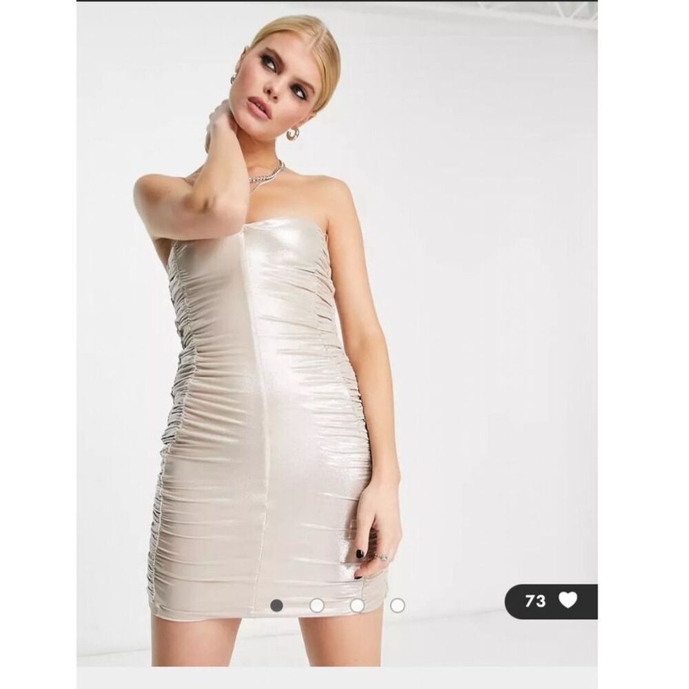 NWT Bershka light gold metallic‎ strapless ruched bodycon mini dress
